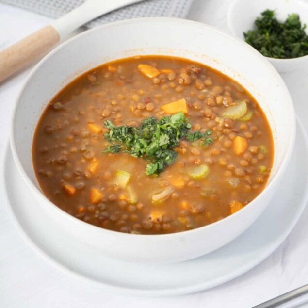 Hearty lentil vegetable soup with fresh herbs, perfect for healthy eating and weight management. Blood sugar-friendly, protein-rich, easy to make, and gluten-free—ideal for nourishing meals.