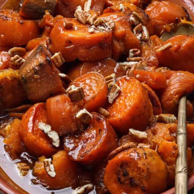 Fried Sweet Potatoes with Maple Glaze and Pecans.
