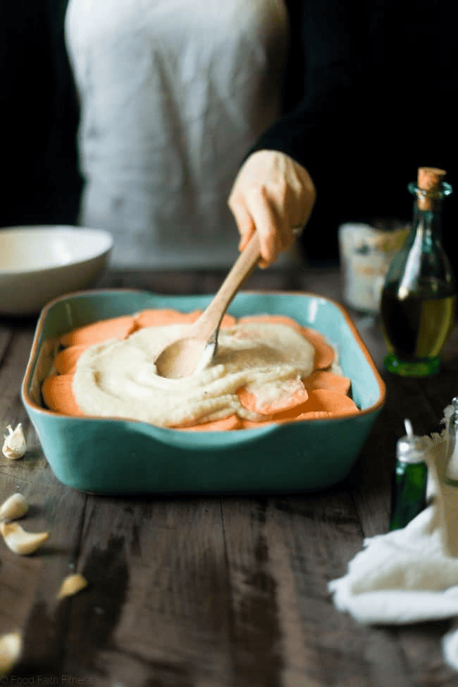 Cauliflower Alfredo Vegan Scalloped Sweet Potatoes