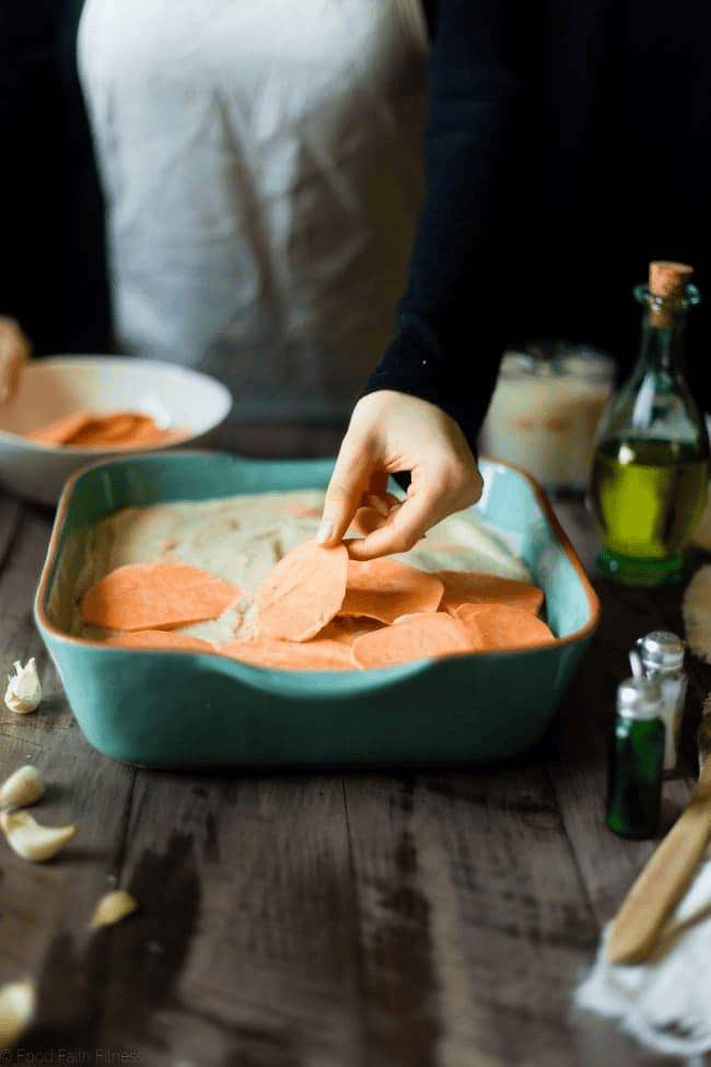 Cauliflower Alfredo Vegan Scalloped Sweet Potatoes