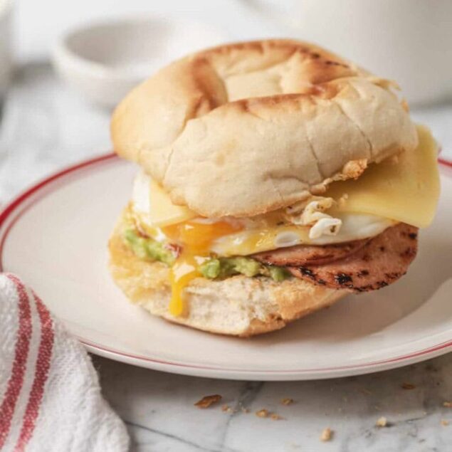 Savory breakfast sandwich with fried egg, grilled chicken, cheese, and avocado on a soft bagel bun, styled on a white plate for healthy eating and satisfying morning meal.