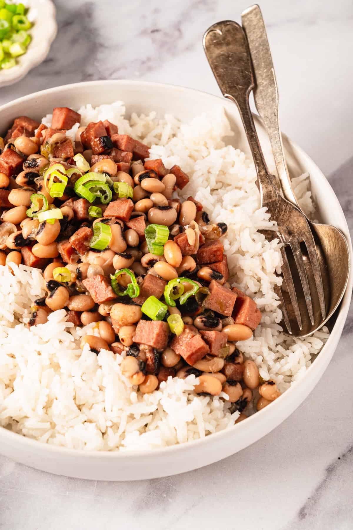Flavorful black bean and diced ham salad served over white rice, topped with chopped green onions, perfect for healthy eating and meal prep.