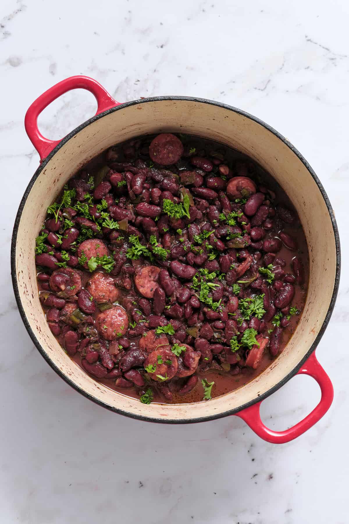 Fresh homemade black bean stew garnished with chopped cilantro in a rustic red cast iron pot. Healthy vegetarian recipe full of protein and fiber, ideal for nutritious meal prep.