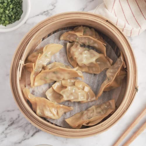 Steamed vegetable and chicken dumplings in bamboo steamer on marble surface with soy sauce dipping bowl and green onion garnish. Healthy Asian cuisine recipe for nutritious meals.