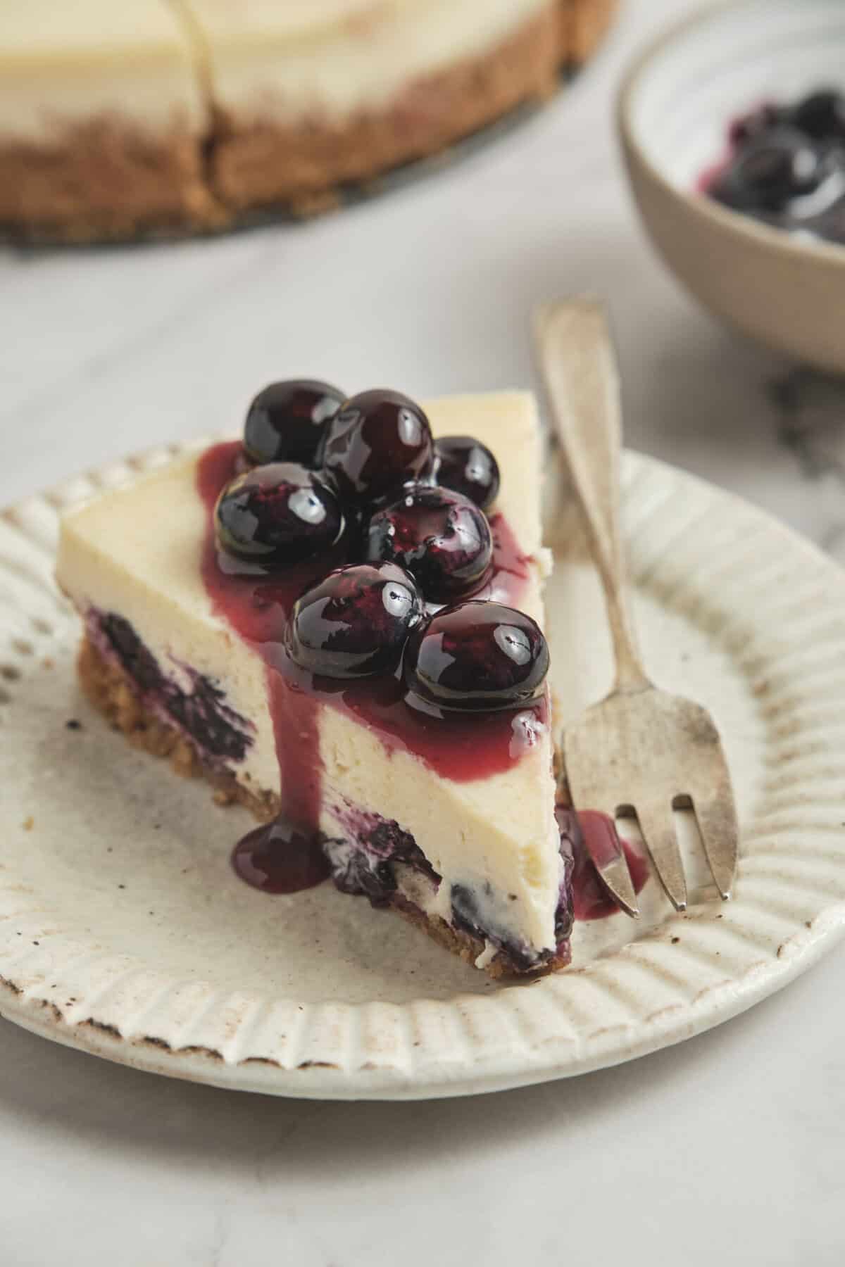 Fresh blueberry cheesecake on a rustic plate with blueberry topping and a fork, highlighting healthy dessert recipes, nutritious snacks, and clean eating ideas from Food Faith Fitness.