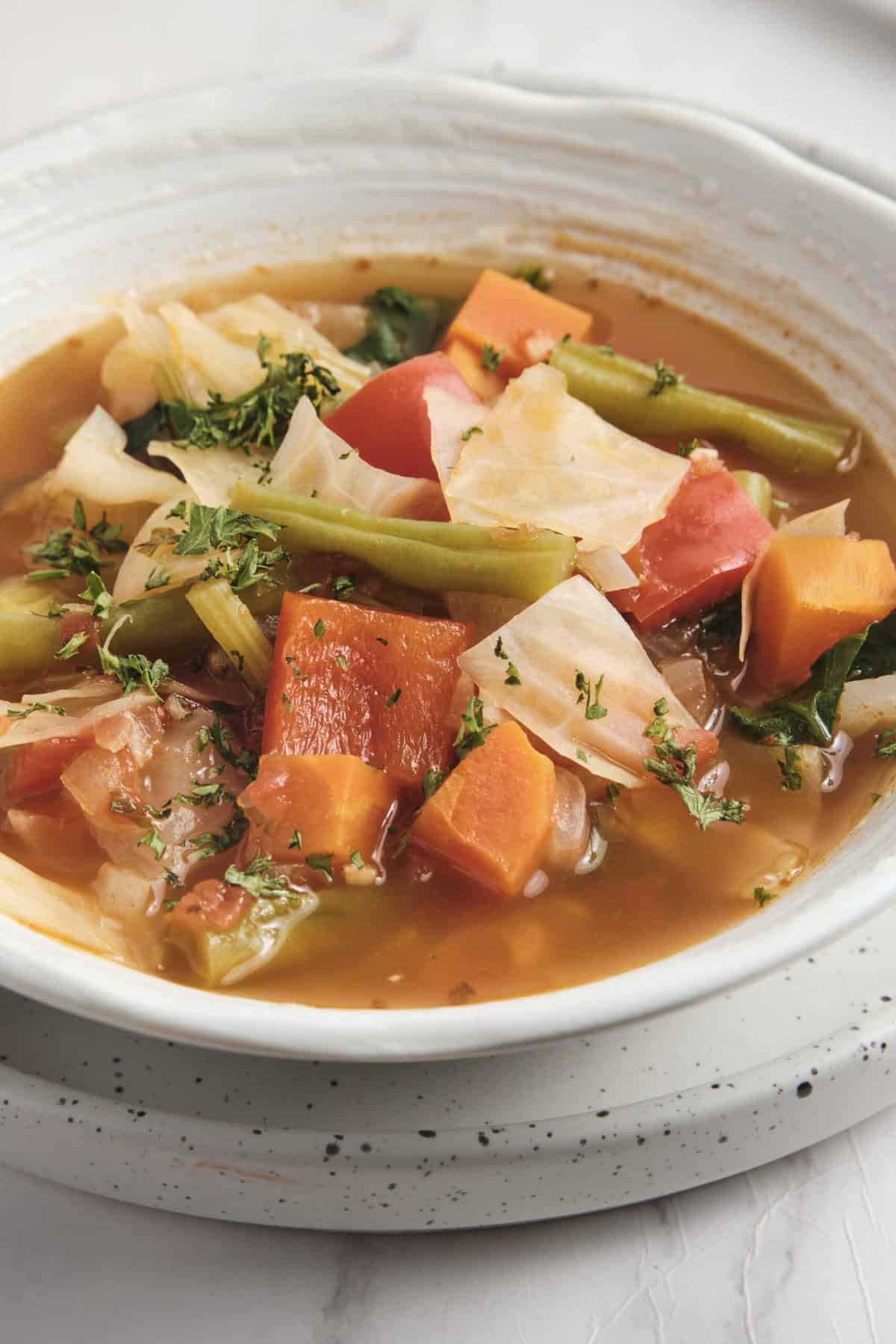 Fresh vegetable soup with carrots, celery and tomatoes in a white bowl, healthy and nutritious food, ideal for weight loss, clean eating and balanced diet.