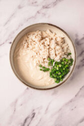 Crab meat, creamy base, and scallions for Gluten-Free Crab Rangoon.