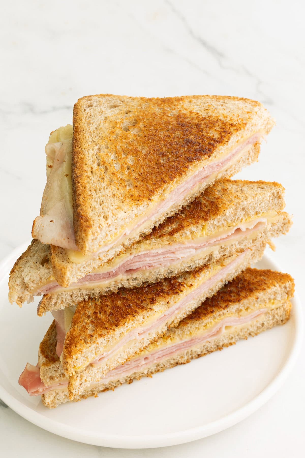 Gold brown roasted ham and cheese sandwich on a white plate, made of whole grain bread, molten cheese and ham, ideal for healthy eating and balanced food.