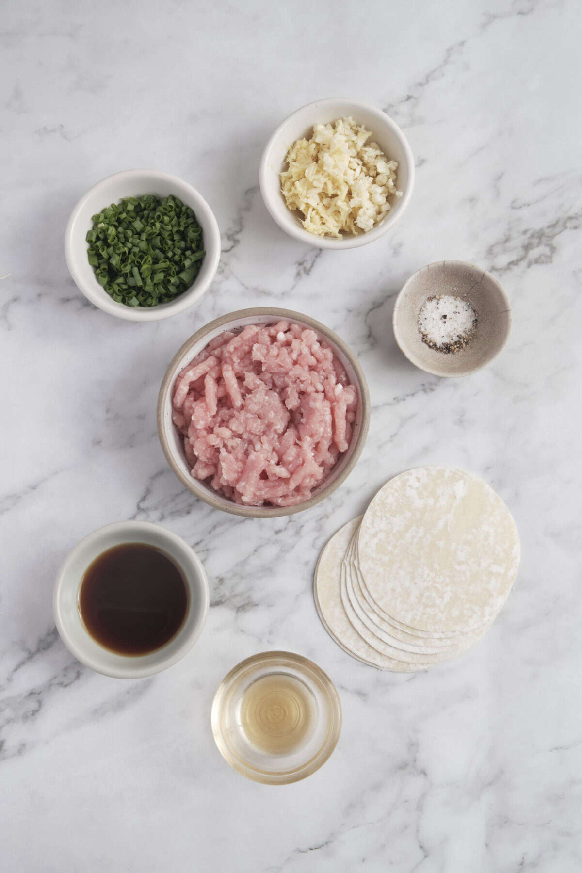 Minced raw chicken, green onions, shredded cheese, seasonings, soy sauce, rice paper, garlic, and lime on marble surface, ingredients for healthy spring rolls.