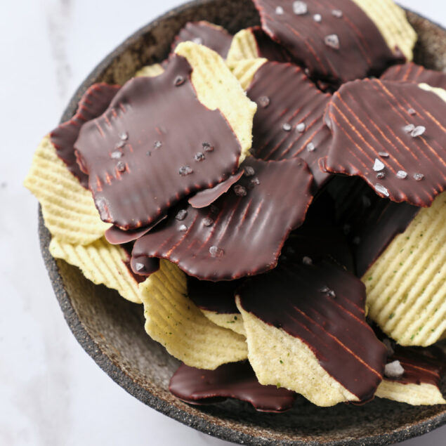 Chocolate Covered Potato Chips shot in a bowl from above