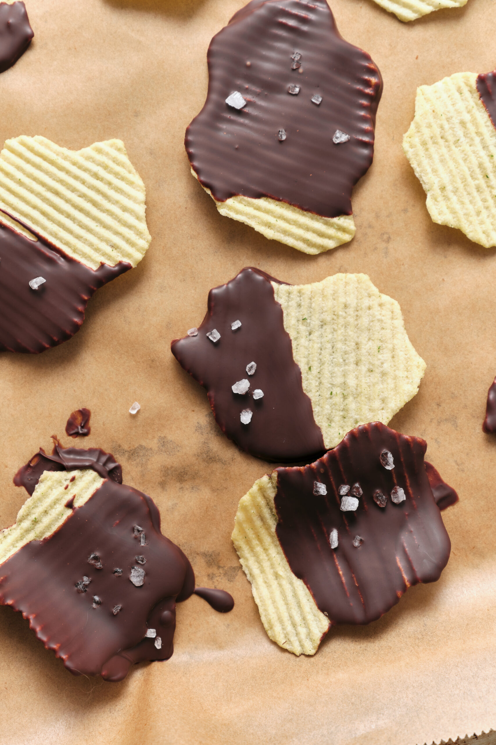 Chocolate Covered Potato Chips on a tray shot from above